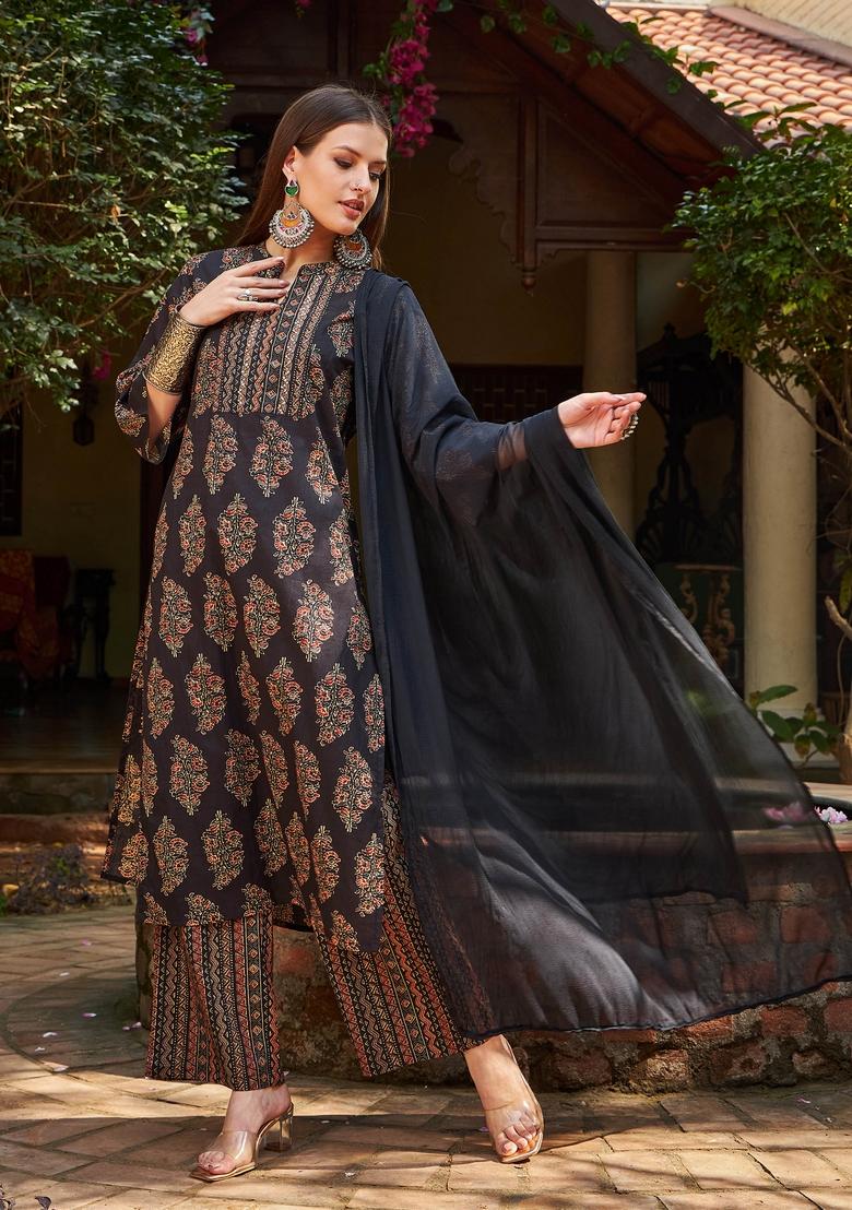 Black Embroidered Cotton Salwar Kameez With Dupatta