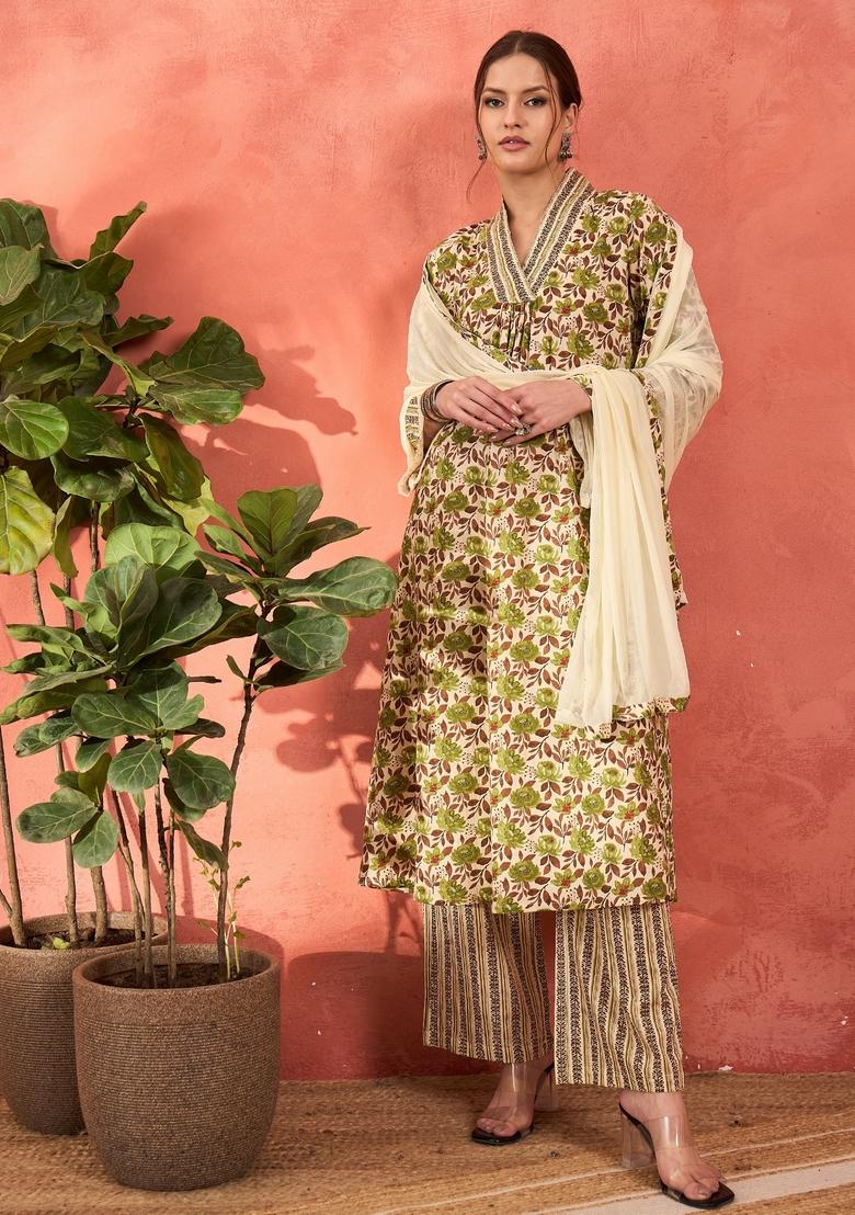 Off White Embroidered Cotton Salwar Kameez With Dupatta