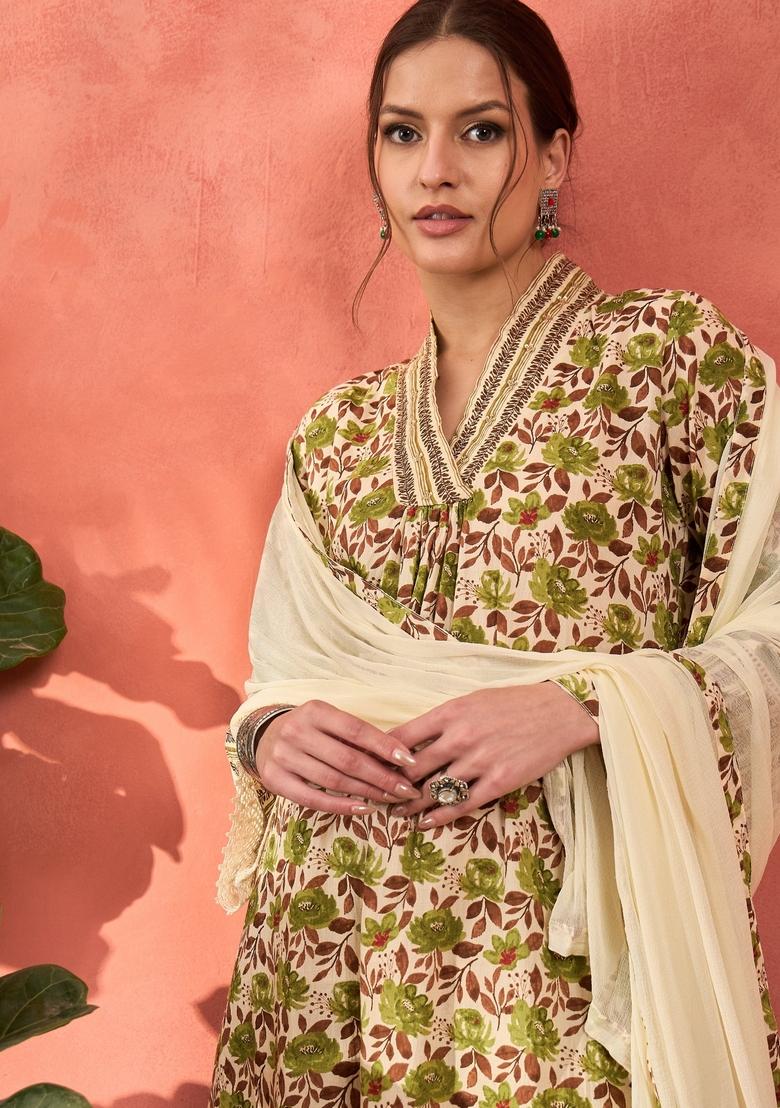 Off White Embroidered Cotton Salwar Kameez With Dupatta