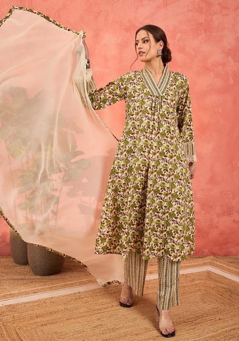 Off White Embroidered Cotton Salwar Kameez With Dupatta