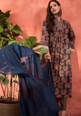 Navy Blue Embroidered Cotton Salwar Kameez With Dupatta