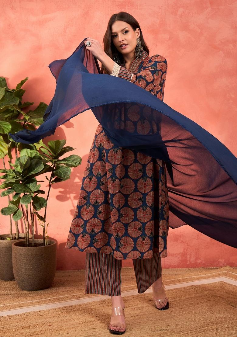 Navy Blue Embroidered Cotton Salwar Kameez With Dupatta
