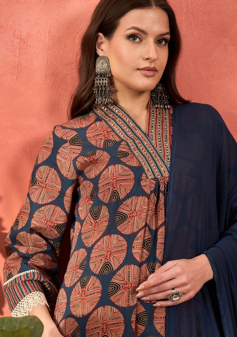 Navy Blue Embroidered Cotton Salwar Kameez With Dupatta