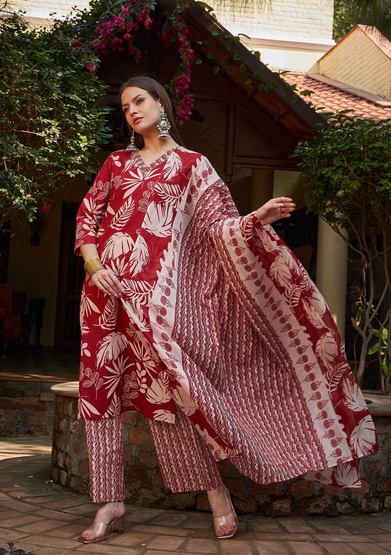 Maroon Embroidered Cotton Salwar Kameez With Dupatta