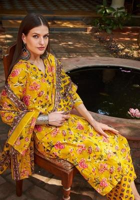 Yellow Embroidered Cotton Salwar Kameez With Dupatta