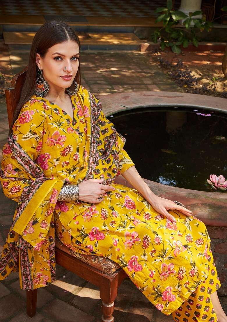 Yellow Floral Print Cotton Anarkali Set - Indya