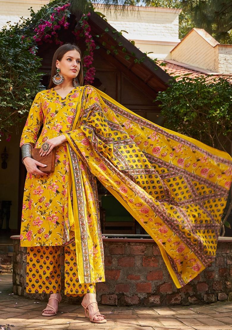 Yellow Embroidered Cotton Salwar Kameez With Dupatta