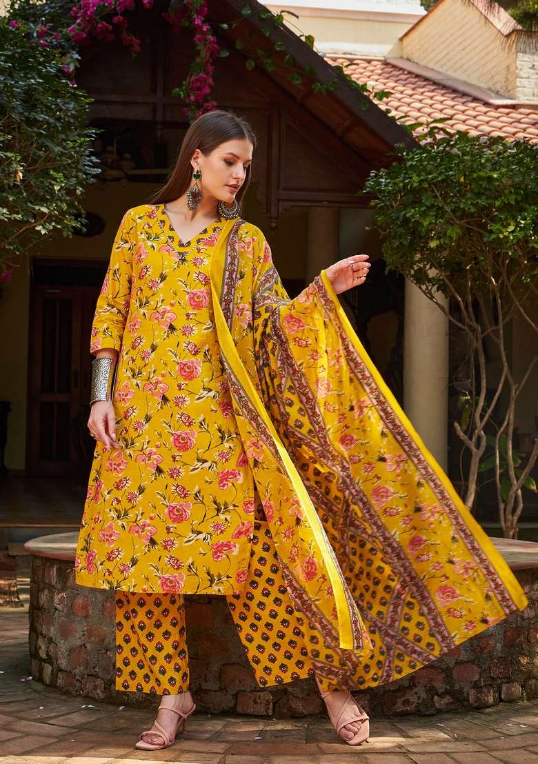 Yellow Floral Print Cotton Anarkali Set - Indya