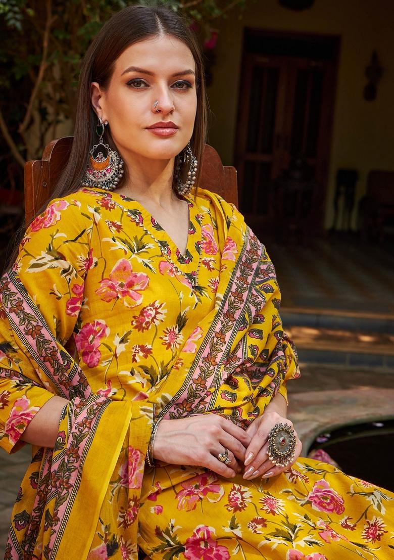 Yellow Embroidered Cotton Salwar Kameez With Dupatta