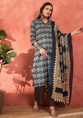 Navy Blue Embroidered Cotton Salwar Kameez With Dupatta