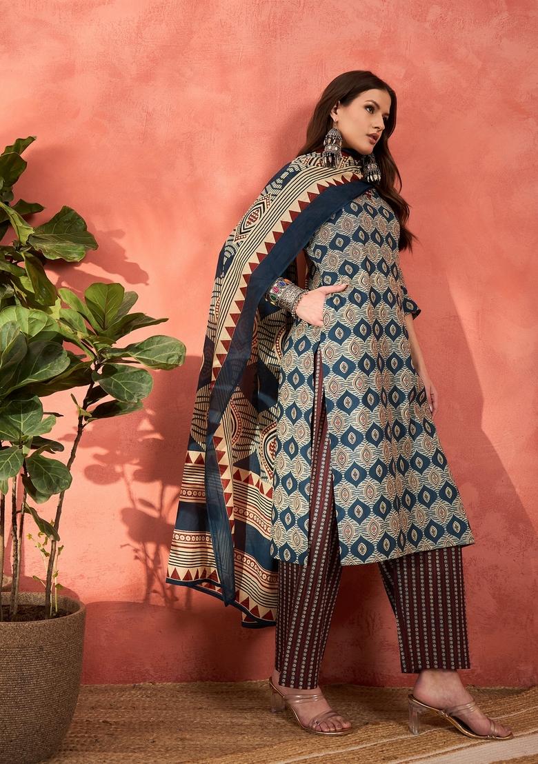 Navy Blue Embroidered Cotton Salwar Kameez With Dupatta