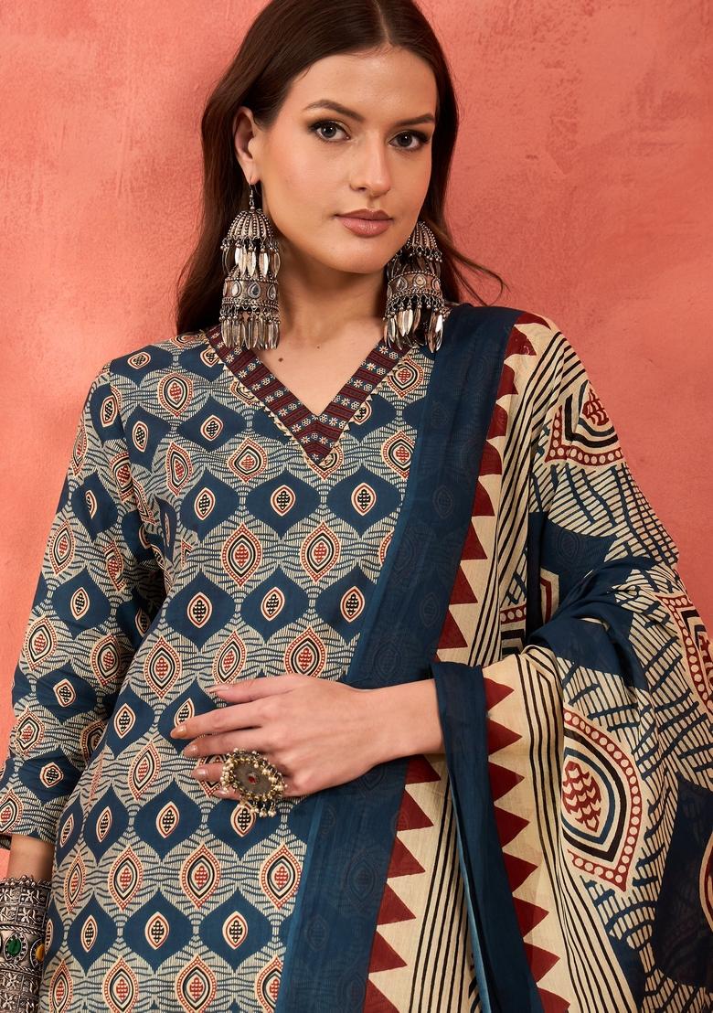 Navy Blue Embroidered Cotton Salwar Kameez With Dupatta
