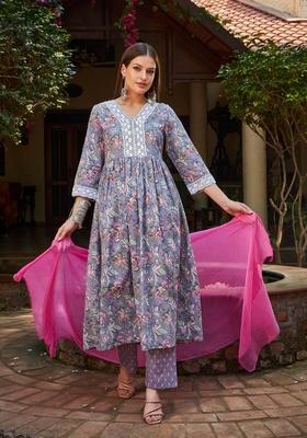 Grey Embroidered Cotton Salwar Kameez With Dupatta