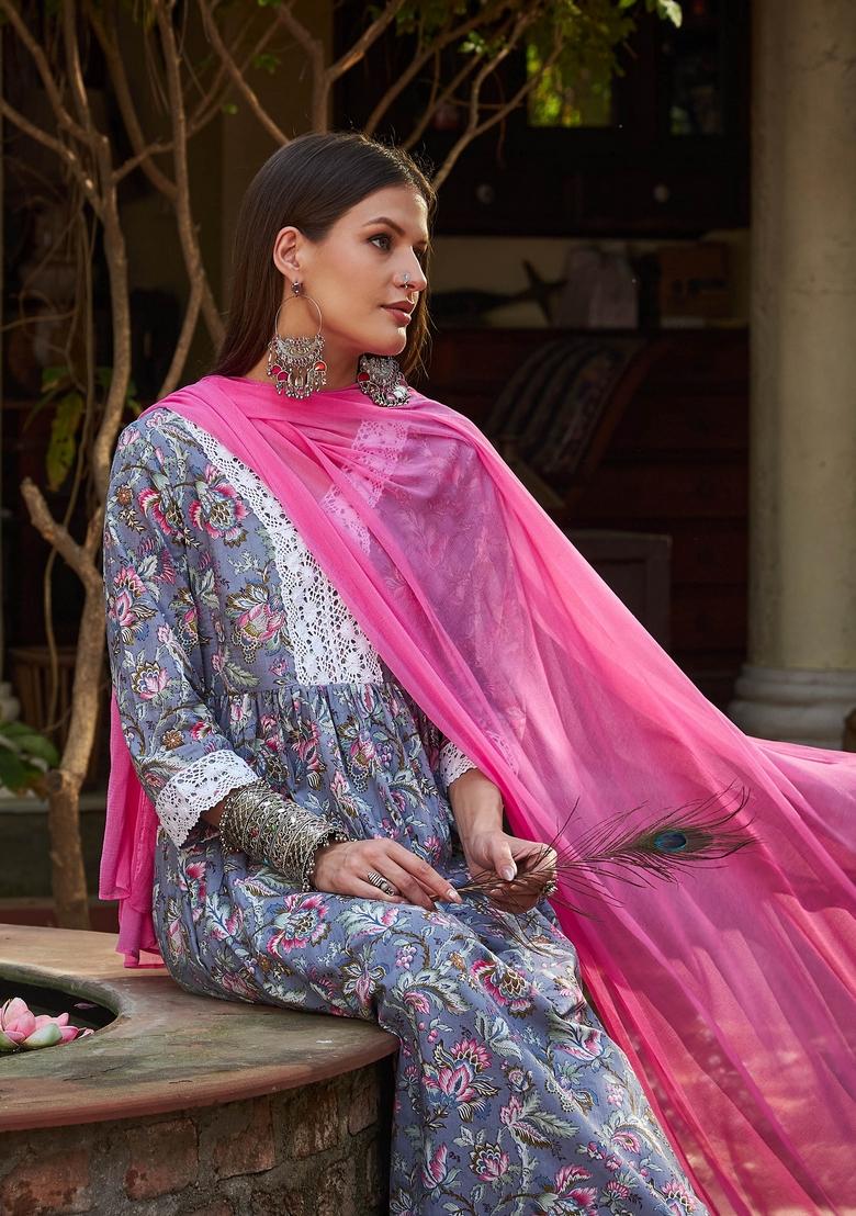 Grey Embroidered Cotton Salwar Kameez With Dupatta
