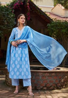 Blue Embroidered Cotton Salwar Kameez With Dupatta