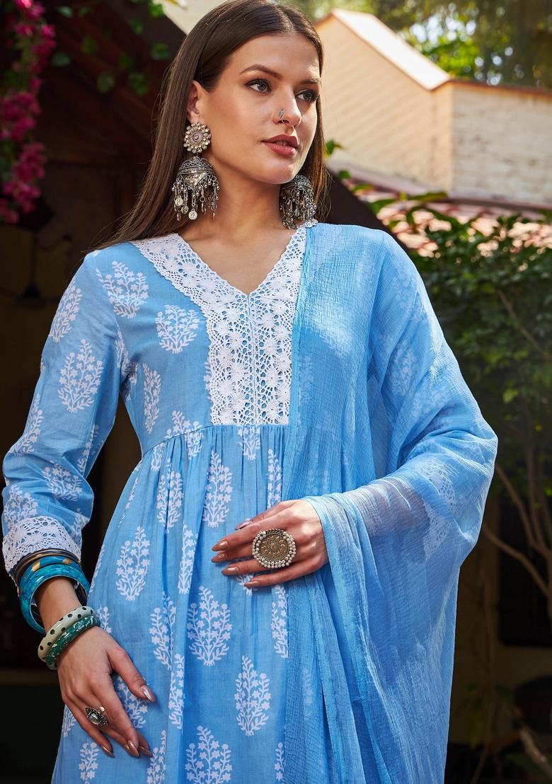 Blue Embroidered Cotton Salwar Kameez With Dupatta