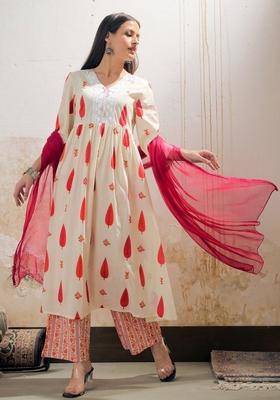 White Embroidered Cotton Salwar Kameez With Dupatta