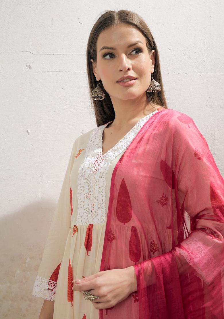 White Embroidered Cotton Salwar Kameez With Dupatta