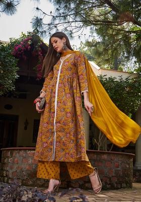 Mustard Yellow Embroidered Cotton Salwar Kameez With Dupatta