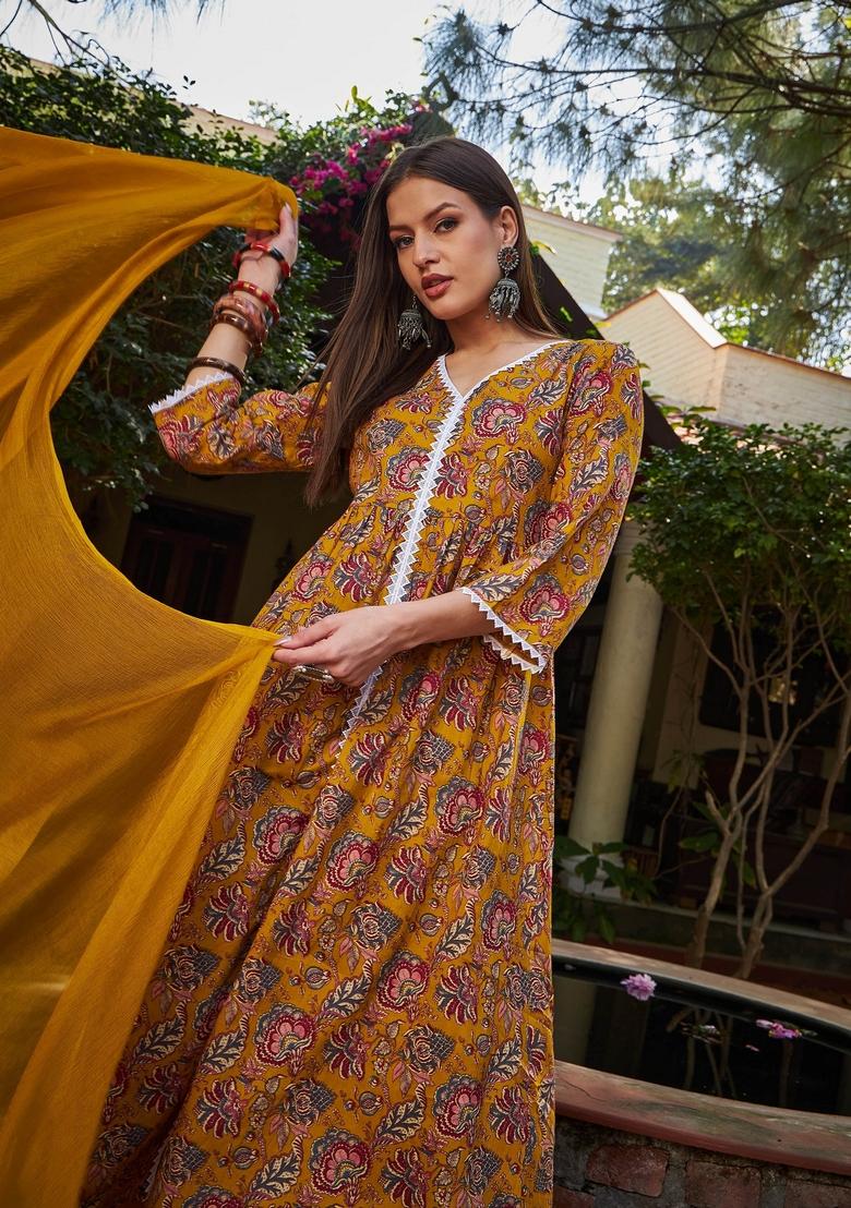 Mustard Yellow Embroidered Cotton Salwar Kameez With Dupatta