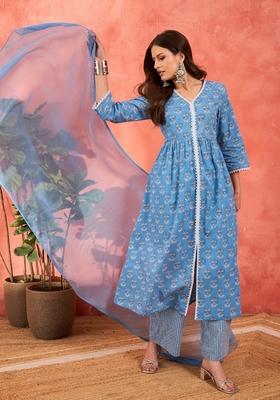 Blue Embroidered Cotton Salwar Kameez With Dupatta