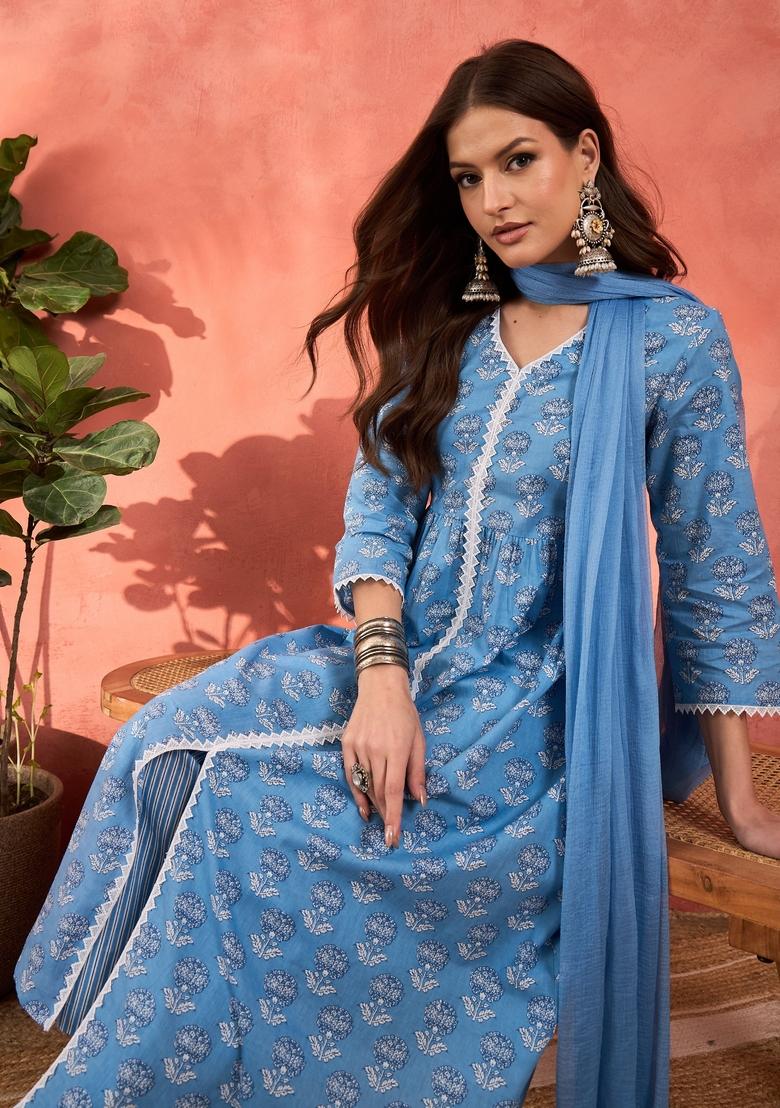 Blue Embroidered Cotton Salwar Kameez With Dupatta