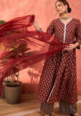 Maroon Embroidered Cotton Salwar Kameez With Dupatta