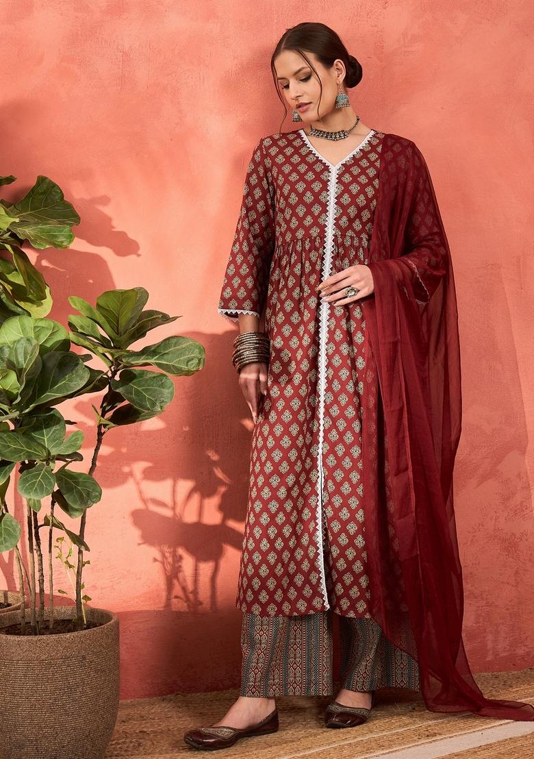 Maroon Embroidered Cotton Salwar Kameez With Dupatta