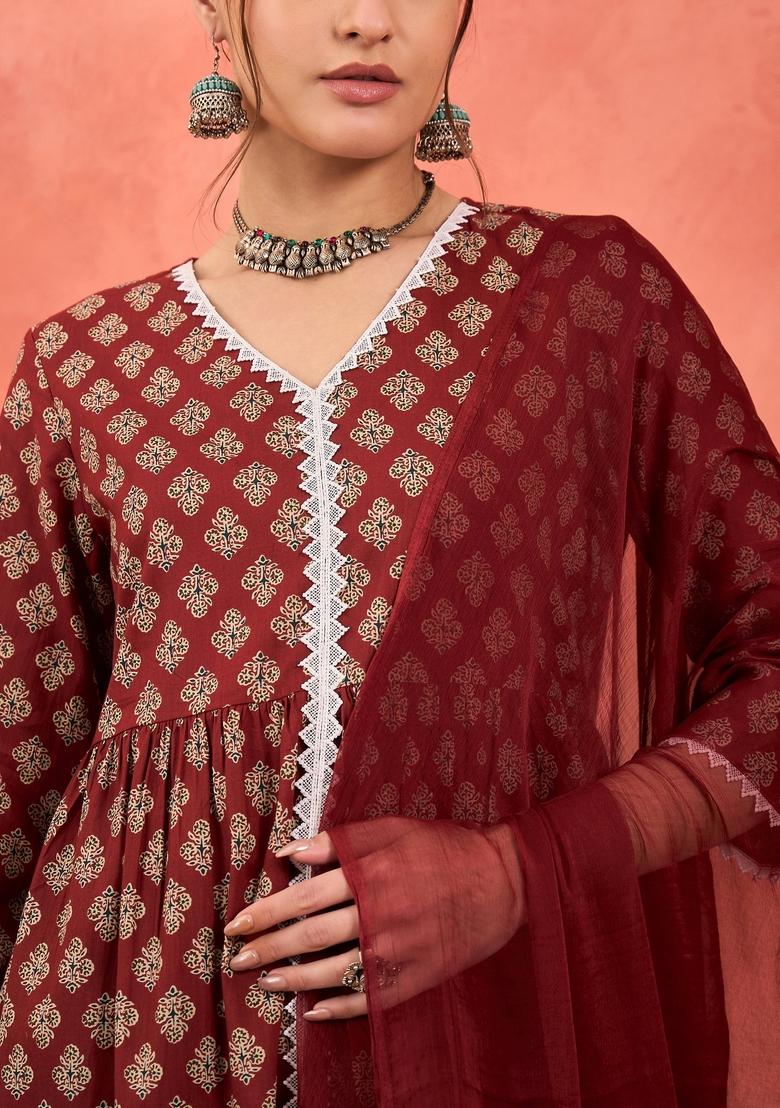Maroon Embroidered Cotton Salwar Kameez With Dupatta