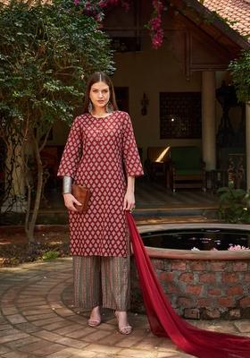 Maroon Embroidered Cotton Salwar Kameez With Dupatta