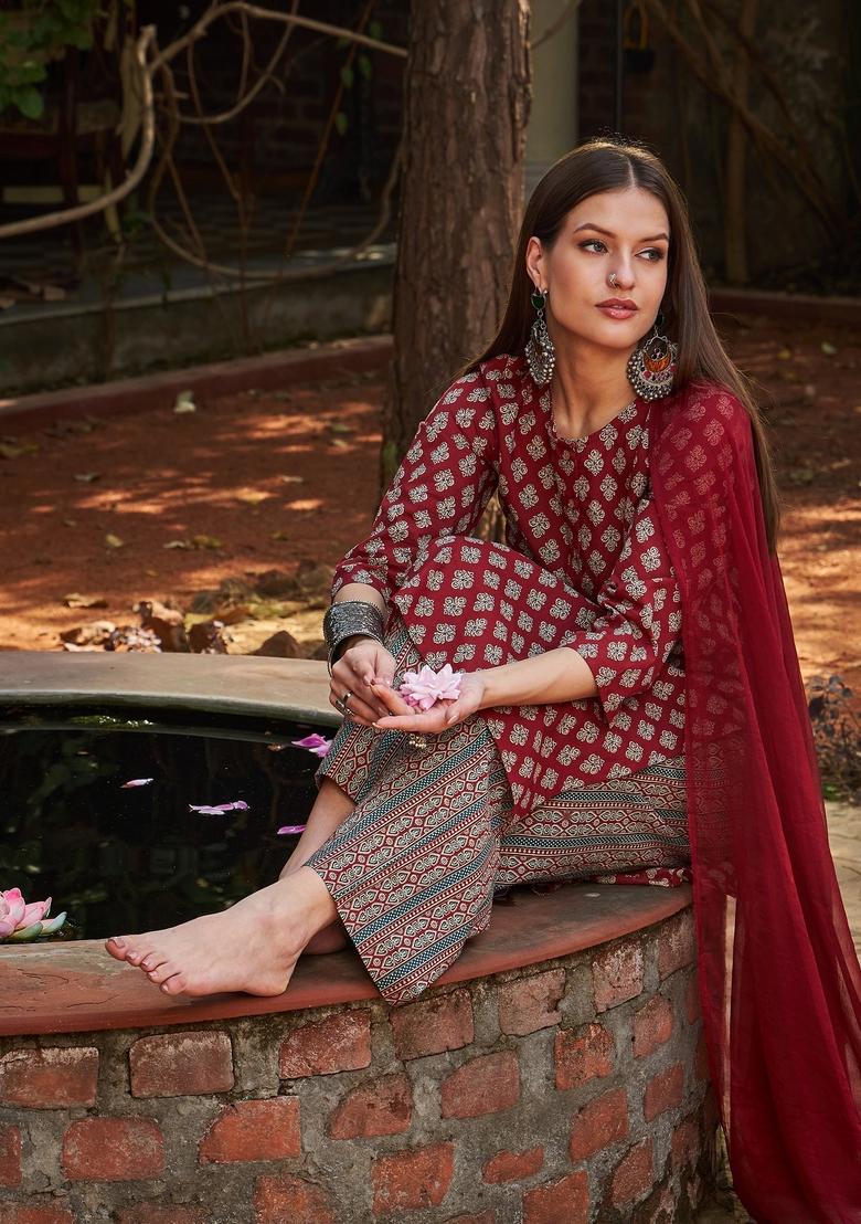 Maroon Embroidered Cotton Salwar Kameez With Dupatta