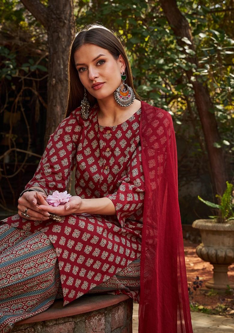 Maroon Embroidered Cotton Salwar Kameez With Dupatta