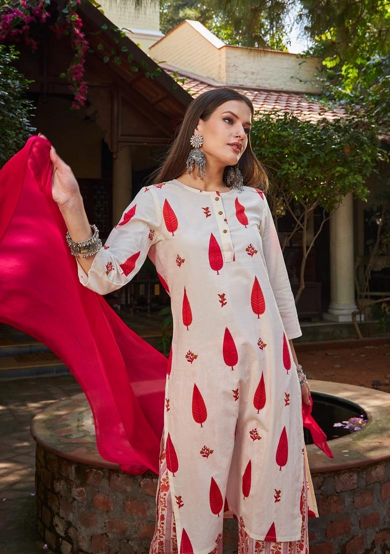 White Embroidered Cotton Salwar Kameez With Dupatta