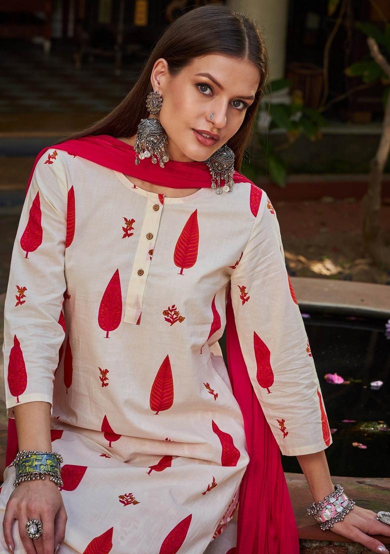 White Embroidered Cotton Salwar Kameez With Dupatta