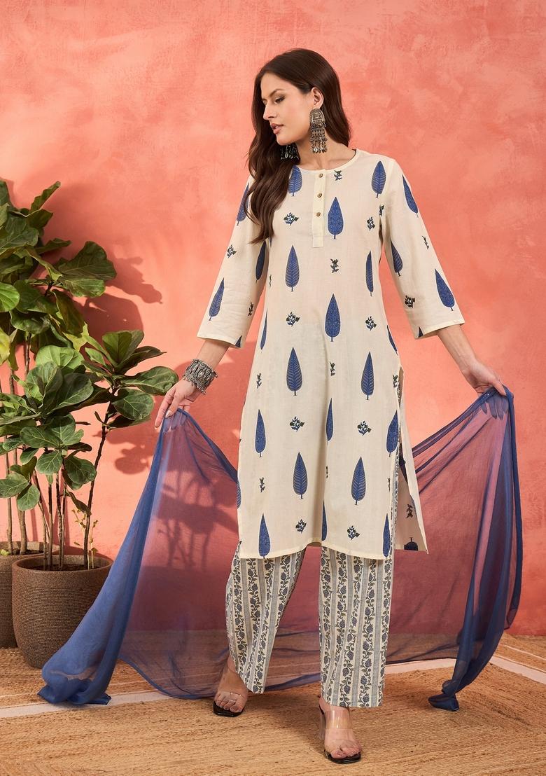 White Embroidered Cotton Salwar Kameez With Dupatta