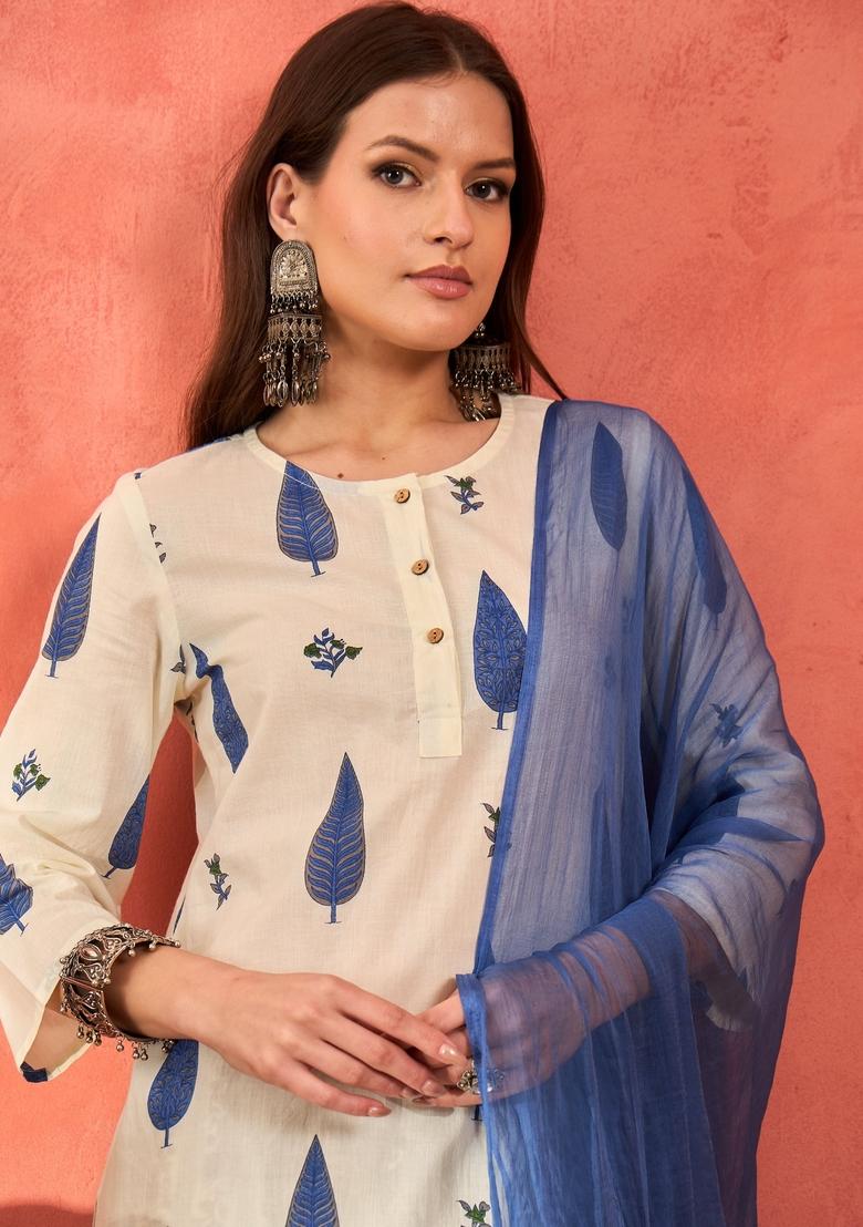 White Embroidered Cotton Salwar Kameez With Dupatta