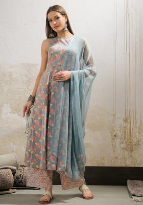 Grey Embroidered Cotton Salwar Kameez With Dupatta