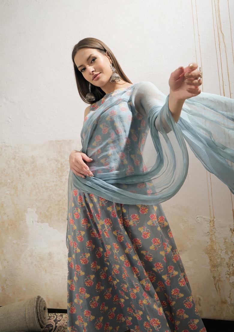 Grey Embroidered Cotton Salwar Kameez With Dupatta