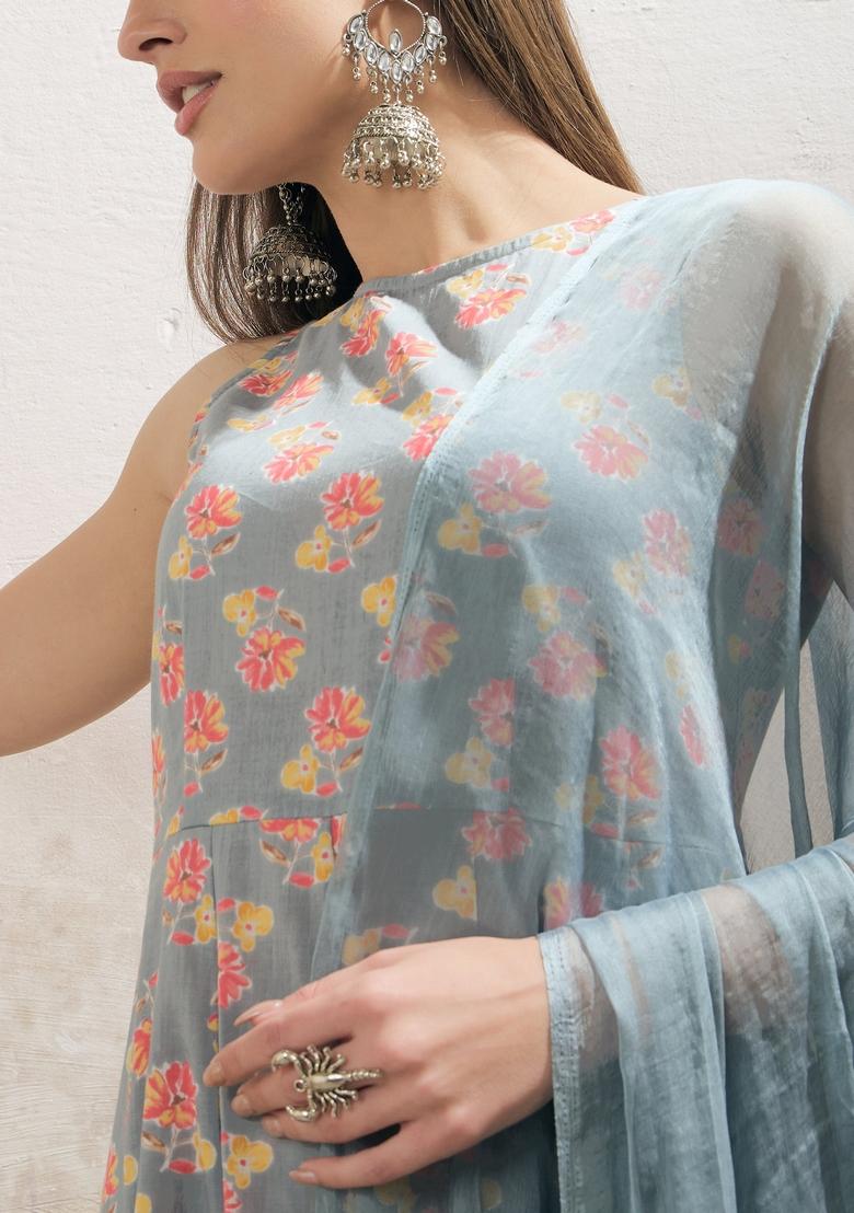 Grey Embroidered Cotton Salwar Kameez With Dupatta