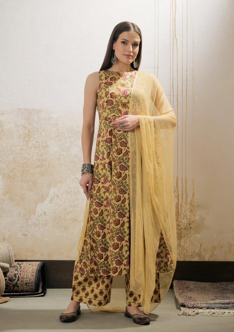 Yellow Embroidered Cotton Salwar Kameez With Dupatta