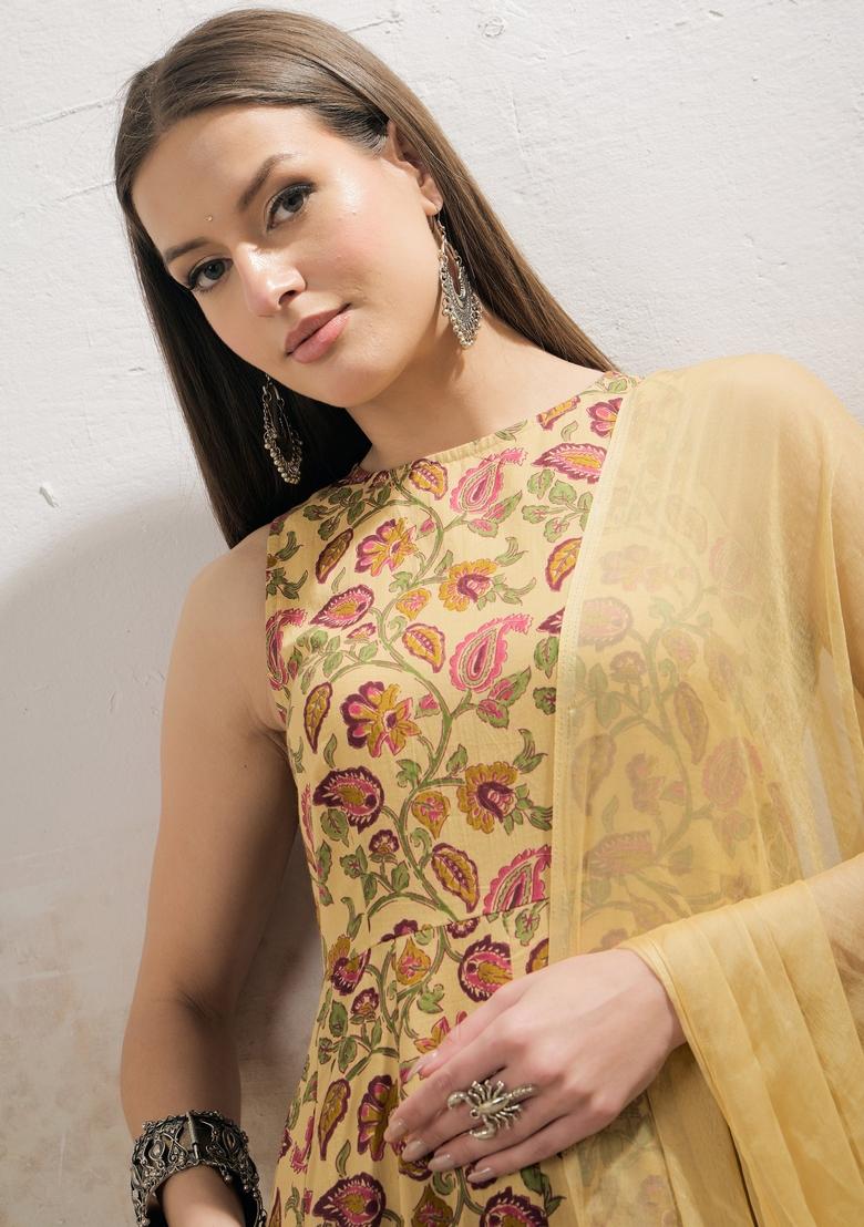 Yellow Embroidered Cotton Salwar Kameez With Dupatta