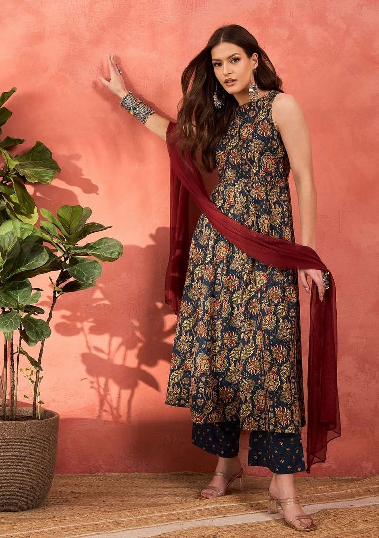 Navy Blue Printed Cotton Straight Kurta Set - Indya