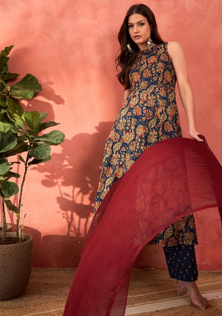 Navy Blue Embroidered Cotton Salwar Kameez With Dupatta