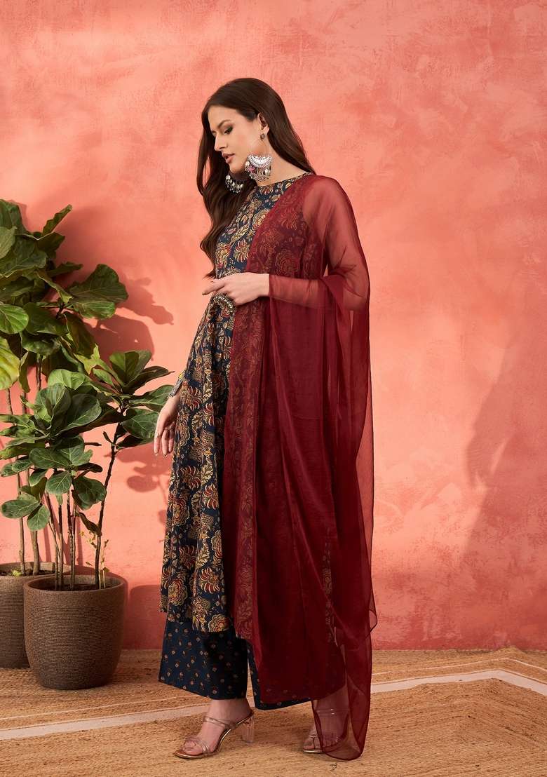 Navy Blue Printed Cotton Straight Kurta Set - Indya