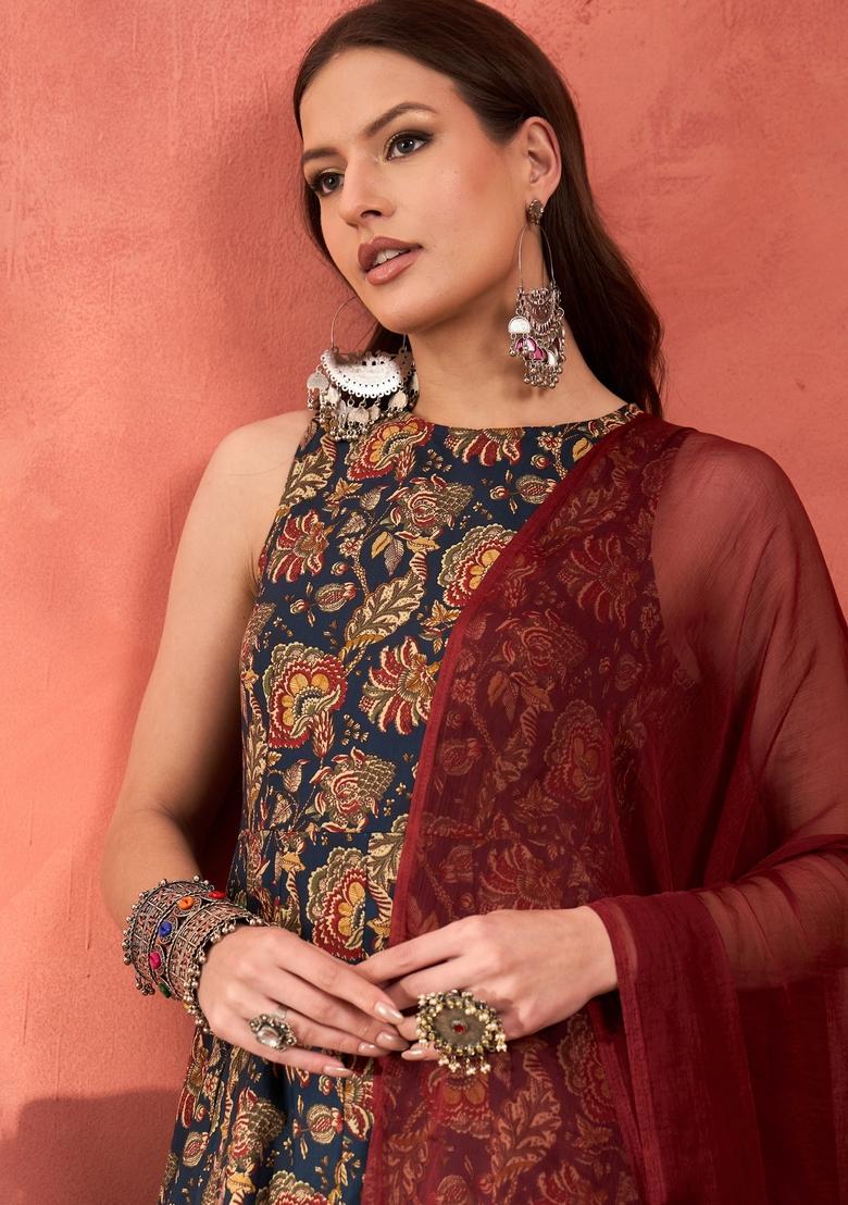 Navy Blue Embroidered Cotton Salwar Kameez With Dupatta