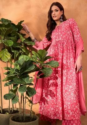 Pink Embroidered Cotton Salwar Kameez With Dupatta