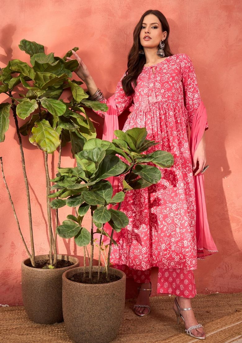 Pink Embroidered Cotton Salwar Kameez With Dupatta