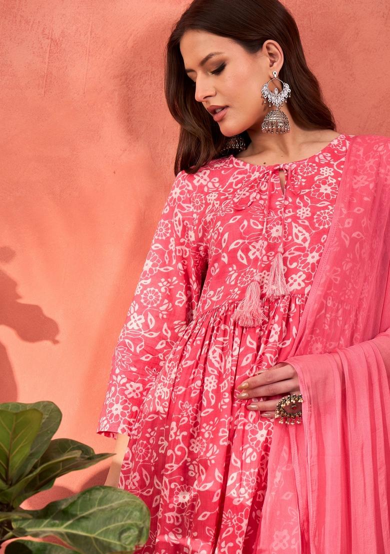 Pink Embroidered Cotton Salwar Kameez With Dupatta