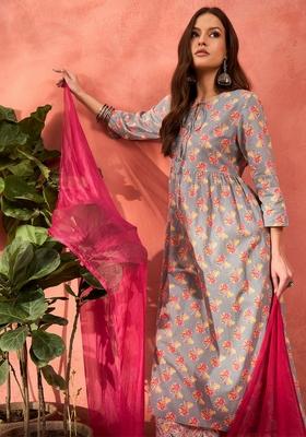 Grey Embroidered Cotton Salwar Kameez With Dupatta