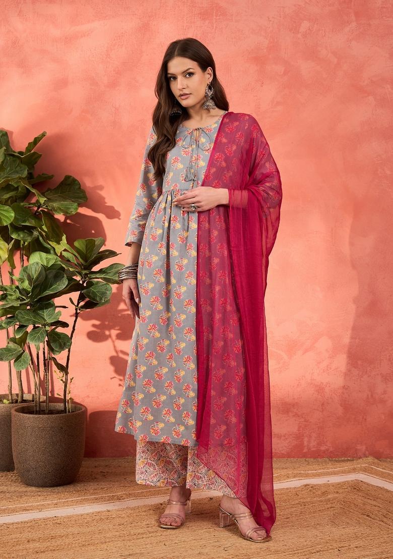 Grey Embroidered Cotton Salwar Kameez With Dupatta